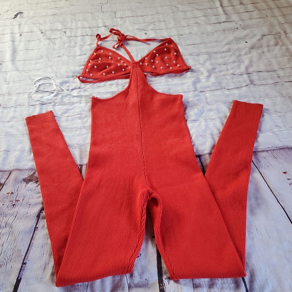 Ribbed Red Bodysuit Cutout Fitted Embellished Size Small Sexy Punk Festival